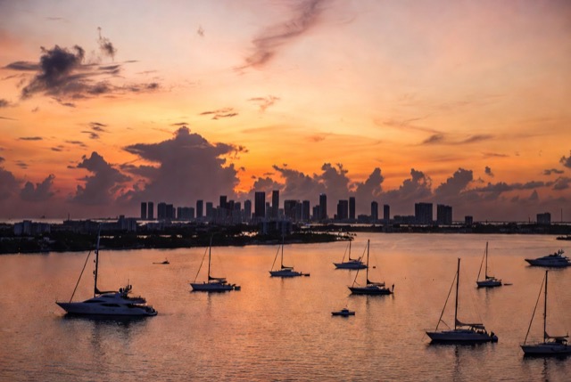 Yachts on Biscayne Bay at golden hour